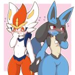  1:1 2021 acky05 ambiguous_gender anthro blue_body blue_fur blush bodily_fluids chest_spike cinderace duo fur hand_holding hi_res lucario nintendo pok&eacute;mon pok&eacute;mon_(species) spikes spikes_(anatomy) sweat sweatdrop video_games 