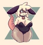 american_opossum anthro atlyss bell bell_collar big_breasts black_clothing black_leotard blush blush_lines breasts clothing collar ears_down empty_eyes eyelashes fangs female freckles fur green_background grey_clothing grey_legwear grey_tights hands_behind_back head_tuft hi_res legwear leotard mammal marsupial moogers navel_outline pink_tail pivoted_ears sally_(atlyss) simple_background slightly_chubby solo tail tan_background tan_body tan_fur teeth thick_thighs tights tuft white_eyes wide_hips