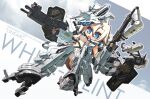  1girl armored_core armored_core:_for_answer blonde_hair blue_eyes breasts brown_shorts dual_wielding floating from_below glowing gun hair_between_eyes highres holding holding_gun holding_weapon horns looking_down mecha_musume navel personification science_fiction short_hair shorts single_horn small_breasts solo sports_bra strap susagane weapon white_glint 