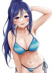  1girl :d absurdres arm_up armpits arms_behind_head bangs bare_arms bikini blue_bikini blue_hair blush breasts cleavage collarbone eyebrows_visible_through_hair groin hair_between_eyes halterneck high_ponytail highres large_breasts leaning_forward long_hair looking_at_viewer love_live! love_live!_sunshine!! matsuura_kanan miel_(lessontome) navel open_mouth ponytail purple_eyes side-tie_bikini sidelocks simple_background smile solo striped striped_bikini swimsuit swimwear thighs upper_teeth wet wet_clothes wet_hair wet_swimsuit white_background 