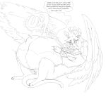  2021 after_vore belly big_belly breasts burping duo english_text felid female grindavikbydaylight hair lying mammal monochrome mythological_sphinx mythology on_back overweight simple_background speech_bubble text vore white_background wings 