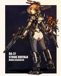  1girl ass breasts brown_eyes character_name damaged diaclone dual_wielding gun highres holding holding_gun holding_weapon looking_back mecha_musume medium_breasts moyan orange_hair personification procreate_(medium) science_fiction solo strike_buffalo thighhighs weapon 