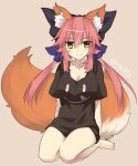  1girl animal_ear_fluff animal_ears barefoot blue_ribbon blush breasts cleavage collarbone eyebrows_visible_through_hair fate/grand_order fate_(series) fox_ears fox_girl fox_tail hair_ribbon large_breasts looking_at_viewer ouhina pink_hair ribbon sitting smile solo tail tamamo_(fate)_(all) tamamo_no_mae_(fate) yellow_eyes 