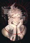  1boy absurdres ahoge bangs baru_(bar_0405) black_background blood blood_bag cable commentary_request cropped_shoulders danganronpa_(series) danganronpa_2:_goodbye_despair grey_hair grin hands_on_own_cheeks hands_on_own_face hands_up highres hinata_hajime hinata_hajime_(awakened) looking_at_viewer male_focus necktie pale_skin red_eyes shirt short_hair smile solo spoilers white_shirt 