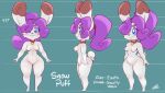  3/4_view anthro blue_eyes breasts chalo collar english_text featureless_breasts featureless_crotch female hair lagomorph leporid looking_at_viewer mammal mayor_snow model_sheet nude purple_hair rabbit side_view smile solo text 