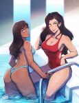  artist_name asami_sato ass avatar_(series) backless_swimsuit black_hair blue_swimsuit breasts cleavage dark_skin dark_skinned_female green_eyes hair_down iahfy korra light_blush long_hair looking_at_viewer looking_back one-piece_swimsuit partially_submerged pool pool_ladder red_swimsuit smile swimsuit tan tanline the_legend_of_korra water 