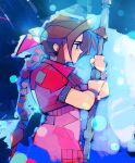  aerith_gainsborough blue_eyes brown_hair dress final_fantasy final_fantasy_vii jacket looking_afar michaelfirman pink_dress pink_ribbon ponytail red_jacket ribbon sad staff 