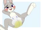  anthro blush bodily_fluids clothed clothing diaper disney feet female flat_chested genital_fluids hand_behind_head hi_res judy_hopps lagomorph leporid long_ears lying mammal nyanyakotarou on_back one_leg_up open_mouth rabbit raised_leg smile solo spread_legs spreading teeth tongue topless urine wet_diaper wetting zootopia 