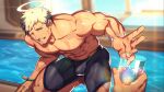  2boys abs bara bare_pecs blonde_hair bulge facial_hair glass grey_male_swimwear gyee halo highres jammers large_pectorals looking_at_viewer lvlv male_focus mature_male multiple_boys muscular muscular_male navel nipples official_art pool pov radian_(paradiso_guardian) short_hair smile spiked_hair squatting stomach stubble sweat thick_thighs thighs wet 
