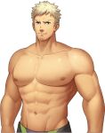  1boy abs bara bare_pecs blonde_hair covered_navel facial_hair gyee halo jammers large_pectorals looking_at_viewer lvlv male_focus mature_male muscular muscular_male navel nipples official_art paradiso_guardian radian_(paradiso_guardian) short_hair solo spiked_hair stomach stubble 