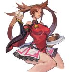  1girl absurdres bangs baozi bare_shoulders breasts brown_eyes brown_hair chinese_clothes closed_mouth covered_nipples detached_sleeves dress food frilled_skirt frills guilty_gear guilty_gear_x guilty_gear_xx hair_ornament hairclip highres holding holding_food holding_plate knees_together_feet_apart kuradoberi_jam long_hair looking_at_viewer medium_breasts plate red_dress simple_background sitting skirt solo uncle_rabbit_ii very_long_hair white_background wide_sleeves 