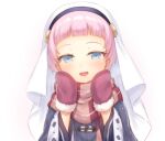  1girl :d alternate_hair_length alternate_hairstyle black_capelet blue_eyes blush brown_mittens brown_scarf capelet forehead fur-trimmed_mittens fur_trim hands_up highres kamisama_ni_natta_hi long_sleeves looking_at_viewer mittens nakamura_hinato open_mouth pink_hair satou_hina_(kamisama_ni_natta_hi) scarf smile solo upper_body veil white_background wide_sleeves 