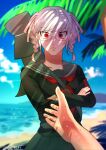  1girl 1other absurdres artist_name bangs baru_(bar_0405) beach black_shirt blurry blurry_background braid collarbone commentary_request crossed_arms danganronpa_(series) danganronpa_2:_goodbye_despair day depth_of_field glasses hair_ribbon highres looking_at_viewer ocean palm_tree pekoyama_peko pov pov_hands red_eyes ribbon school_uniform serafuku shirt short_hair silver_hair skirt solo_focus surprised sword tree twin_braids twitter_username weapon wet 