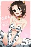  1girl 2021 akeome alternate_costume animal_print artist_name bangs bell bell_choker bikini breasts brown_eyes brown_hair choker cleavage commentary cow_horns cow_print dutch_angle elbow_gloves eyebrows_visible_through_hair girls_und_panzer gloves happy_new_year head_tilt heart highres horns looking_at_viewer medium_hair nana_(manaita_koumuten) nav new_year parted_bangs pink_background print_bikini print_gloves print_legwear red_choker sawa_azusa short_hair sitting skindentation solo swimsuit thighhighs translated v_arms white_background white_legwear 