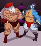  2021 absurd_res anthro avian bird blush breath_of_the_wild bulge duo garou:_mark_of_the_wolves hi_res kass_(tloz) male muscular muscular_anthro muscular_male nintendo rito snk sssonic2 the_king_of_fighters the_legend_of_zelda tizoc video_games 