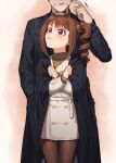  1boy 1girl brown_hair closed_mouth clothes_pull coat cowboy_shot crossed_arms double-breasted drill_hair drill_ponytail head_out_of_frame idolmaster idolmaster_million_live! idolmaster_million_live!_theater_days kamille_(vcx68) looking_up medium_hair pantyhose ponytail purple_eyes scratching_cheek scrunchie side_ponytail sidelocks simple_background thigh_gap trench_coat turtleneck yokoyama_nao 