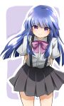  1girl arms_behind_back bangs black_skirt blue_hair border bow bowtie closed_mouth collared_shirt commentary_request cowboy_shot eyebrows_visible_through_hair furude_rika highres higurashi_no_naku_koro_ni long_hair looking_at_viewer morte_ai outline outside_border pleated_skirt purple_background purple_bow purple_eyes purple_neckwear school_uniform shadow shiny shiny_hair shirt short_sleeves simple_background skirt smile solo standing suspender_skirt suspenders twitter_username white_border white_outline white_shirt 