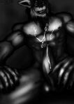  abs anthro balls biceps black_hair bodily_fluids canid canine canis clothing cum cum_on_self cumshot ejaculation erection fur genital_fluids genitals glowing glowing_eyes hair hi_res loxchi male mammal monster muscular muscular_anthro muscular_male nipples nude ouzan penis piercing simple_background smile solo teasing teeth wolf 
