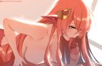  1boy 1girl bangs bare_shoulders breasts collarbone eyebrows_visible_through_hair eyes_visible_through_hair fellatio forked_tongue hair_ornament indoors lamia large_breasts lips long_hair long_tongue looking_at_viewer miia_(monster_musume) monster_girl monster_musume_no_iru_nichijou nipples nude on_person open_mouth oral orange_hair patreon_username penis pointy_ears saliva saliva_trail sunlight tofuubear tongue tongue_out uncensored window yellow_eyes 