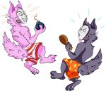  2017 alpha_channel ambiguous_gender anthro bomb bottomwear canid canine canis chicken_meat clothing colored digital_drawing_(artwork) digital_media_(artwork) duo explosives food fur hi_res kedamono_(popee_the_performer) mammal mask meat onomadek pattern_bottomwear pattern_clothing pattern_shorts pawpads paws pink_body pink_fur popee_the_performer purple_body purple_fur roast_chicken_leg shadyhouse shorts simple_background star_pattern striped_bottomwear striped_clothing striped_pattern striped_shorts stripes tongue tongue_out transparent_background wolf 