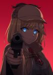  1girl aiming_at_viewer blonde_hair blue_eyes capelet commentary deerstalker desert_eagle eyebrows_visible_through_hair glowing glowing_eyes grin gun hair_ornament handgun hat highres hololive hololive_english monocle_hair_ornament necktie red_background smile solo watson_amelia weapon weizen029 