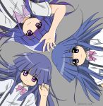  3girls :3 arm_up bangs blue_hair blunt_bangs bow bowtie circle_formation closed_mouth collared_shirt commentary eyebrows_visible_through_hair furude_rika grey_background hand_up higurashi_no_naku_koro_ni long_hair lying morte_ai multiple_girls multiple_persona on_back purple_bow purple_eyes purple_hair purple_neckwear school_uniform shirt short_sleeves simple_background smile suspenders twitter_username upper_body white_shirt 