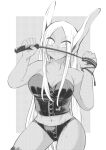  1girl bare_arms boku_no_hero_academia breasts closed_mouth dark_skin dark_skinned_female dominatrix greyscale highres holding holding_whip latex long_hair looking_at_viewer mirko monochrome navel nstime23 solo 