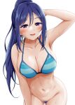  1girl :d absurdres arm_up armpits arms_behind_head bangs bare_arms bikini bikini_top blue_bikini blue_hair blush breasts cleavage collarbone eyebrows_visible_through_hair hair_between_eyes halterneck high_ponytail highres large_breasts leaning_forward long_hair looking_at_viewer love_live! love_live!_sunshine!! matsuura_kanan miel_(lessontome) navel open_mouth ponytail pubic_hair purple_eyes sidelocks simple_background smile solo striped striped_bikini swimsuit thighs uncensored upper_teeth wet wet_hair white_background 