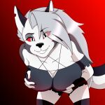  1:1 absurd_res anthro bent_over big_breasts boss breast_fondling breasts canid canine canis ear_piercing eyebrow_piercing facial_piercing female fondling grin hand_on_breast helluva_boss hi_res loona_(vivzmind) mammal mega_milk meme piercing smile solo suggestive wolf zowslli 