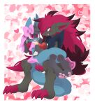  &lt;3 absurd_res anthro blue_body blue_eyes blue_fur bow boyfriends canid canine carrying_another claws duo finger_claws fluffy fur girly grey_body grey_fur hi_res love lucario luka_(lucario) lux_(zoroark) male male/male mammal nintendo nyaswitchnya paws pink_eyes pok&eacute;mon pok&eacute;mon_(species) red_claws romantic romantic_couple toe_claws video_games yellow_body yellow_fur zoroark 