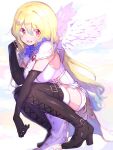  1girl angel_wings armpit_crease belt black_belt black_footwear black_gloves blonde_hair blurry boots breasts capelet commentary cross-laced_clothes cross-laced_footwear depth_of_field dot_nose dress elbow_gloves eyebrows_visible_through_hair eyes_visible_through_hair facing_viewer feathered_wings frilled_shirt_collar frills full_body glint gloves gradient gradient_hair green_hair hair_between_eyes hair_down hand_in_hair hand_up happy highres kneeling large_breasts light_smile long_dress long_hair looking_to_the_side magia_record:_mahou_shoujo_madoka_magica_gaiden mahou_shoujo_madoka_magica mini_wings multicolored multicolored_background multicolored_hair open_mouth paru_rari pelvic_curtain red_eyes shiny shiny_footwear shiny_hair shiny_skin sideboob simple_background skindentation sleeveless solo soul_gem symbol_commentary teeth thigh_boots thighhighs togame_momoko togame_momoko_(sister) upper_teeth very_long_hair white_background white_capelet white_dress white_wings wings zettai_ryouiki 