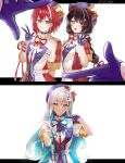  3girls absurdres ange_katrina animal_ears blue_bow blue_eyes blue_headwear bow braid colored_inner_hair dog_ears dog_girl dog_hair_ornament fang gloves hair_bow hand_gesture hat heterochromia highres idol_clothes inui_toko lize_helesta long_hair looking_at_viewer matching_outfit multicolored_hair multiple_girls nijisanji open_mouth pov purple_eyes red_bow red_eyes red_hair shigure_(sigre) short_hair smile twin_braids virtual_youtuber yellow_eyes 