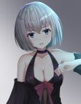  1girl alternate_costume bare_shoulders black_dress blue_eyes blush breasts cleavage condom date_a_live detached_sleeves dress hair_between_eyes hand_up holding holding_condom large_breasts looking_at_viewer medium_hair parted_lips silver_hair solo tobiichi_origami tobiichi_origami_(pixiv31950946) 