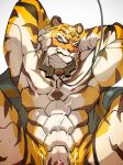  abs anthro blue_eyes blush bob_(overwatch) bodily_fluids bukkake collar cum ejaculation felid genital_fluids genitals hi_res humanoid kiyosan machine male mammal pantherine pecs penile penis robot sex simple_background solo solo_focus tiger video_games yellow_body 