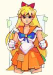  blonde_hair blue_bow bow clenched_hands hair_ribbon looking_at_viewer michaelfirman orange_skirt red_neckwear ribbon sailor_moon sailor_venus signature skirt 