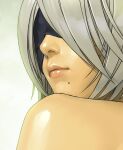  1girl closed_mouth covered_eyes eyepatch face grey_hair lips mole mole_under_mouth nier_(series) nier_automata short_hair solo watanabe_yasuaki yorha_no._2_type_b 