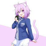  1girl ahoge animal_ear_fluff animal_ears bangs cat_ears cat_tail fang felutiahime food hair_between_eyes highres hololive lawson looking_at_viewer nekomata_okayu onigiri open_mouth purple_eyes purple_hair short_hair shorts simple_background tail uniform 