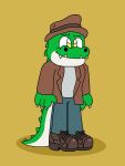  3:4 4_fingers alligator alligatorid anthro bottomwear brown_clothing brown_footwear brown_hat brown_headwear brown_shoes claws clothing cregon crocodile crocodilian crocodylid denim denim_clothing fedora fingers footwear green_body green_scales hat headgear headwear hi_res jeans male multicolored_body pants reptile scales scalie shirt shoes smile solo supastarfox teeth teeth_showing topwear two_tone_body two_tone_tail white_body white_clothing white_scales white_shirt white_topwear yellow_eyes 