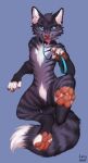  absurd_res anthro canid canine collar domestic_cat faxby featureless_crotch felid feline felis foot_focus fox hi_res leash lynxwolf male mammal paws petplay presenting raised_leg roleplay solo stripes tabby_cat tongue tongue_out zax 