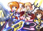  3girls ;) armor armored_dress bardiche beret black_dress black_gloves black_ribbon blue_eyes cape commentary_request dress endori fingerless_gloves fortress_(nanoha) gauntlets gloves hair_ornament hair_ribbon hat holding holding_weapon jacket juliet_sleeves long_dress long_hair long_sleeves looking_at_viewer lyrical_nanoha magical_girl mahou_shoujo_lyrical_nanoha mahou_shoujo_lyrical_nanoha_reflection multiple_girls one_eye_closed open_mouth partial_commentary puffy_sleeves purple_eyes red_cape ribbon short_dress short_hair sidelocks simple_background sleeveless sleeveless_dress smile standing strike_cannon takamachi_nanoha tome_of_the_night_sky twintails two-sided_cape two-sided_fabric weapon white_background white_cape white_dress white_headwear white_jacket white_ribbon x_hair_ornament yagami_hayate 