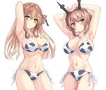  2girls animal_print armpits arms_up bikini breasts brown_hair cleavage collarbone commission cow_print crossover girls_frontline green_eyes headgear heart_lock_(kantai_collection) jewelry kantai_collection kerotsupii_deisuku large_breasts long_hair looking_at_viewer m1903_springfield_(girls_frontline) multiple_girls mutsu_(kancolle) navel ring second-party_source short_hair side-tie_bikini sidelocks simple_background swimsuit tied_hair wedding_band white_background 