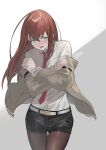  belt black_legwear black_shorts blue_eyes brown_hair dress_shirt facial_hair highres jacket legwear_under_shorts makise_kurisu necktie nitroplus pantyhose red_neckwear seyana shirt shorts steins;gate stubble white_shirt 