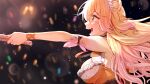  1girl armpits blurry breasts choker concert depth_of_field from_side green_eyes hair_bun highres hololive large_breasts long_hair momosuzu_nene nira_(vira) open_mouth outstretched_arm smile solo sweat virtual_youtuber 