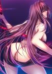  akeyama_kitsune ass back breasts cloth dual_wielding fate/grand_order fate_(series) gae_bolg_(fate) hair_intakes holding large_breasts long_hair looking_back nude polearm purple_hair red_eyes scathach_(fate) scathach_(fate)_(all) smile spear very_long_hair weapon 