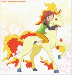  2017 abstract_background ambiguous_gender border brown_hair clothed clothing duo english_text equid equine fan_character female fire flaming_hair flaming_mane flaming_tail fur green_eyes grey_border hair hi_res hooves horn human kurumierika mammal miriam nintendo open_mouth pok&eacute;mon pok&eacute;mon_(species) pseudo_hair pseudo_mane rapidash red_eyes riding signature text video_games yellow_body yellow_fur 