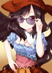  1girl bangs black_hair black_wings breasts brown_background brown_headwear brown_skirt cleavage closed_mouth cowboy_hat cowboy_shot eyebrows_visible_through_hair gradient gradient_background hand_on_eyewear hand_on_hip hat highres kurokoma_saki long_hair looking_at_viewer medium_breasts multicolored_shirt pegasus_wings plaid plaid_shirt plaid_skirt red_eyes ruu_(tksymkw) shirt short_sleeves skirt smile solo standing sunglasses touhou white_bandana wings 