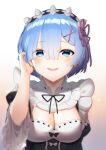  1girl absurdres artist_name bangs blue_eyes blue_hair breasts commentary english_commentary eyebrows_visible_through_hair eyes_visible_through_hair frills gradient gradient_background hair_between_eyes hair_ornament hand_in_hair highres large_breasts looking_at_viewer maid maid_headdress open_mouth re:zero_kara_hajimeru_isekai_seikatsu rem_(re:zero) roswaal_mansion_maid_uniform sasoura short_hair simple_background smile solo upper_body x_hair_ornament 
