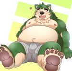  2021 anthro belly black_nose canid canine canis domestic_dog eyes_closed fur green_body green_fur hi_res kemono live-a-hero male mammal mokdai moobs navel nipples nisikemo overweight overweight_male sitting solo video_games 