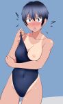  1girl black_hair blush competition_swimsuit constricted_pupils covered_navel eyebrows_visible_through_hair one-piece_swimsuit one_breast_out open_mouth original short_hair simple_background solo swimsuit tan tanaka_rikimaru tanline very_short_hair wet 