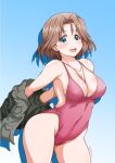  1girl arched_back azumi_(girls_und_panzer) bangs between_breasts black_jacket blue_background blue_eyes blush breasts brown_hair cleavage commentary covered_navel cowboy_shot girls_und_panzer gradient gradient_background jacket jacket_pull jewelry large_breasts looking_at_viewer necklace one-piece_swimsuit open_mouth parted_bangs purple_swimsuit selection_university_military_uniform short_hair silhouette smile solo standing swimsuit thighs twitter_username yts_takana 